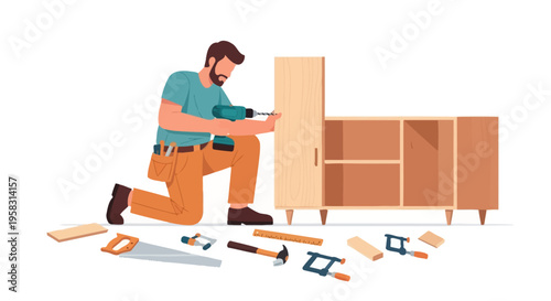 Carpenter assembling furniture with power drill and tools.