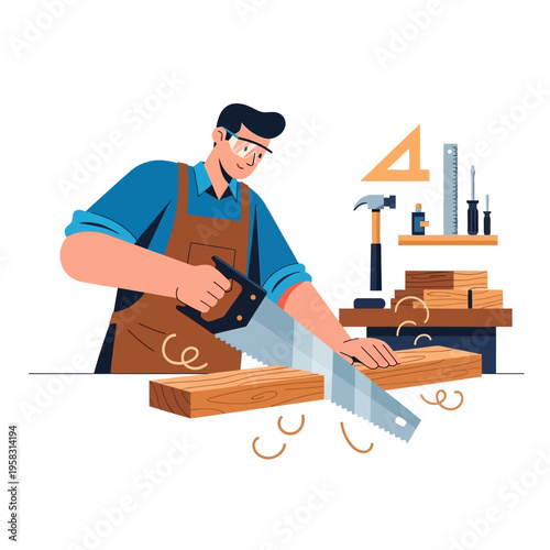 Carpenter sawing wood with a hand saw in workshop.