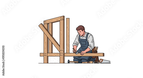 Carpenter working on wooden structure with tools.