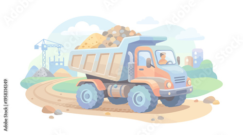 Cartoon dump truck carrying heavy load of dirt.