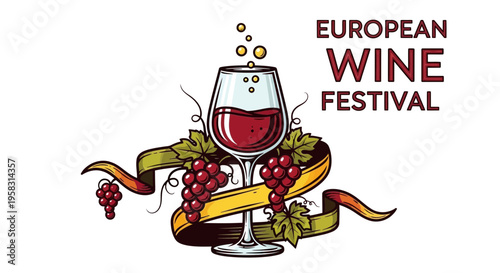 European Wine Festival Celebration with Red Wine Glass and Grapes Illustration