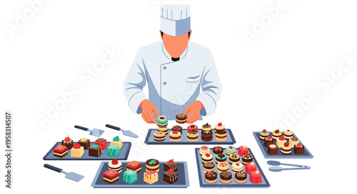 Chef Arranging Delicious Pastries on Trays.