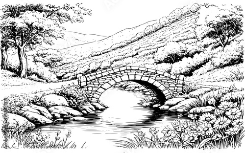 The nature of southern France and a bridge over the Seine. Vector illustration. The stone bridge of the old town, linden trees, and a cozy riverbank with flowers. Theme: travel, excursions, vacations.