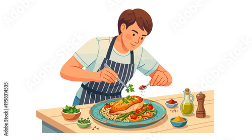 Chef meticulously garnishing a gourmet seafood dish with fresh herbs.