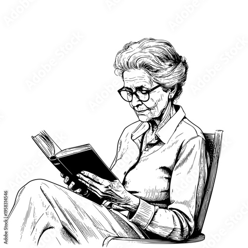 An elderly woman sitting in a chair and reading a book, black and white sketch. Vector illustration. Line drawing, isolated on a white background. Concept of relaxation and happy old age.