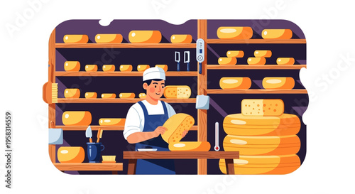 Cheese maker carefully inspecting a block of cheese.