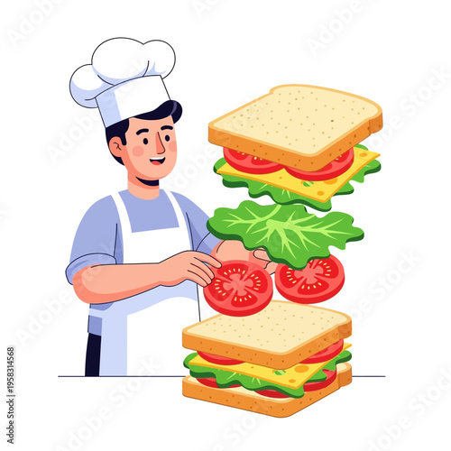 Chef Preparing A Delicious Stacked Sandwich With Fresh Ingredients.
