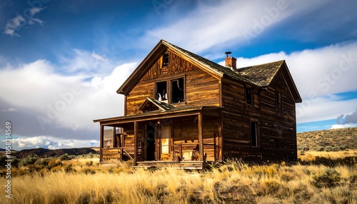 Abandoned Wooden House in a Dry Landscape Under a Cloudy Sky.