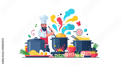 Chef cooking delicious food in a busy kitchen.