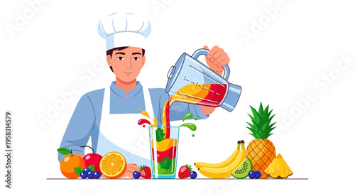 Chef Pouring Fresh Fruit Juice into Tall Glass.