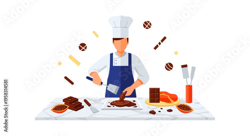 Chef preparing delicious chocolate dessert with culinary tools.