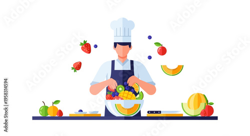 Chef preparing a healthy fruit salad in a modern kitchen.
