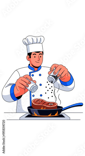 Chef seasoning steak in a pan with pepper.