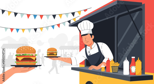 Chef serving delicious burgers from a food truck.