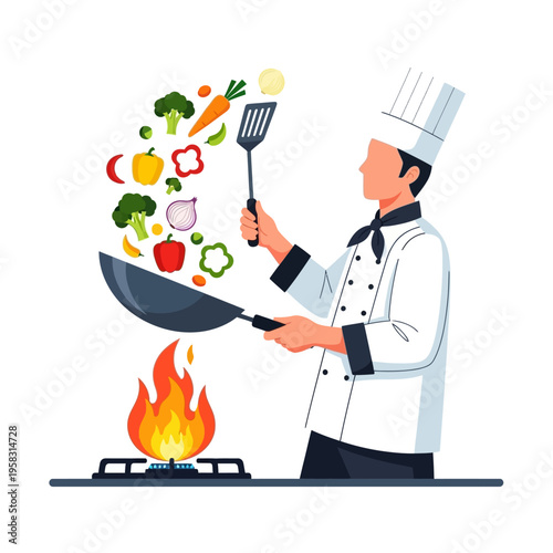 Chef cooking vegetables in a wok on a gas stove.