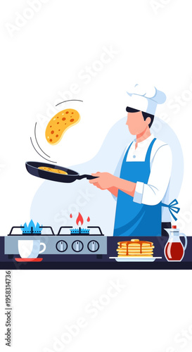 Chef skillfully flipping pancake in a frying pan.