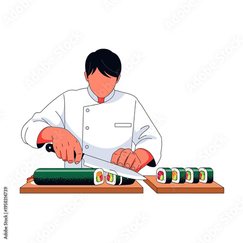 Chef skillfully slicing fresh sushi rolls with a sharp knife.