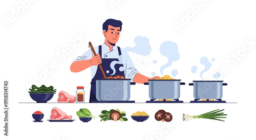 Chef cooking multiple dishes in a professional kitchen setting.