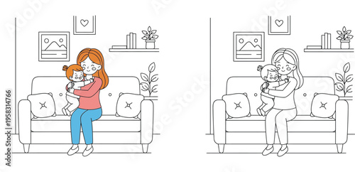 Happy mother and toddler hugging on sofa in living room illustration color and outline coloring page vector