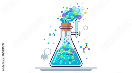 Chemical Reaction Flask Bubbling with Molecules and Formulas.