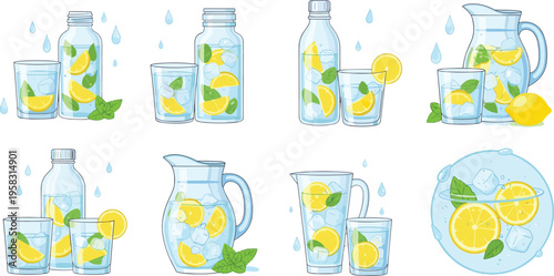 Lemon infused water vector set with glass bottles, jars and pitchers, refreshing detox drink collection with citrus slices isolated on white background illustration