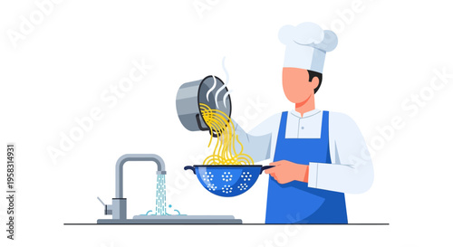 Chef Draining Pasta in Kitchen Sink.