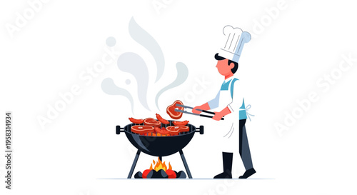 Chef grilling delicious food on a barbecue grill outdoors.