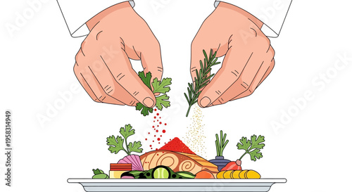 Chef Garnishing Delicious Meal with Fresh Herbs and Spices.