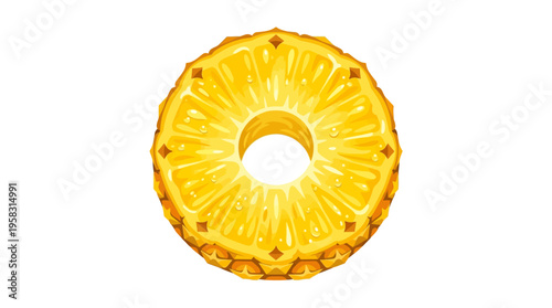 Close up of a vibrant pineapple slice on a white background.