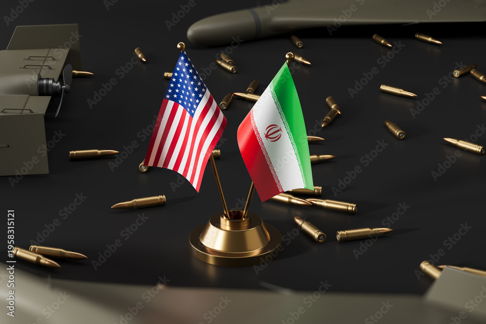 Fototapeta premium USA and Iran flags standing on a golden holder surrounded by scattered ammunition and military elements in a tense geopolitical concept scene on dark surface. 3D Rendering