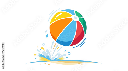 Colorful Beach Ball Bouncing Out of Water Splash.