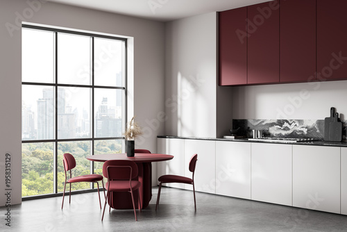 Modern interior kitchen with burgundy dining set beside panoramic window overlooking urban skyline and greenery in elegant minimalist design. 3D Rendering