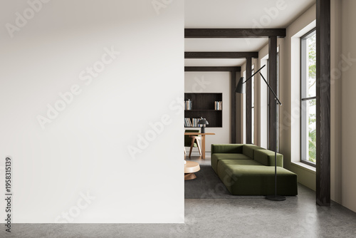 Minimal interior scene with large empty wall for poster mockup, showcasing clean architecture and modern design elements in bright living space layout. 3D Rendering