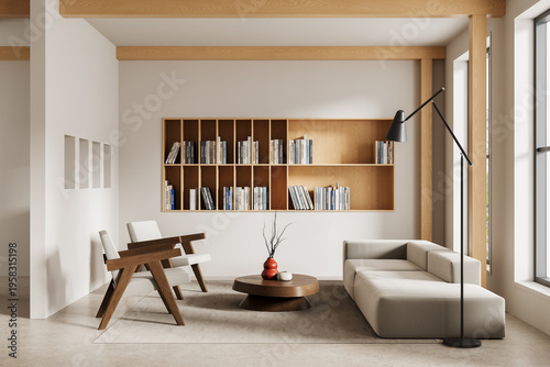 Modern minimalist interior featuring wooden shelving, neutral seating, soft light, clean lines and contemporary architecture design concept in bright space. 3D Rendering