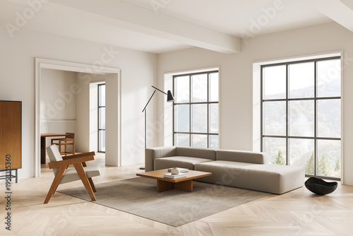 Modern minimalist interior living room with large windows, neutral furniture, wooden accents, soft lighting and open architecture design concept. 3D Rendering