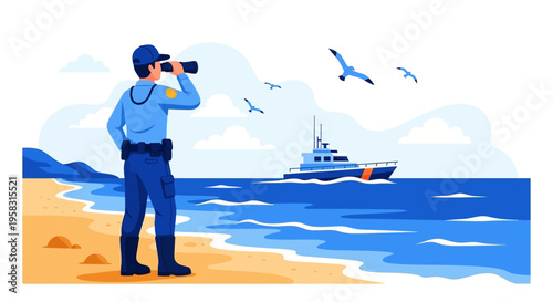 Coast Guard Officer Scanning Horizon with Binoculars.