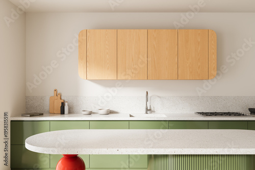 Modern minimalist kitchen interior with green cabinetry, rounded wood wall cabinets, terrazzo countertop and wide table surface for product display and presentation. 3D Rendering