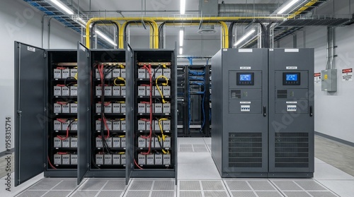 A room with large industrial battery cabinets and control panels, likely for backup power or energy storage in a data center.