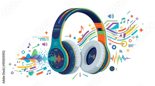 Colorful Headphones with Abstract Sound Waves Illustration.