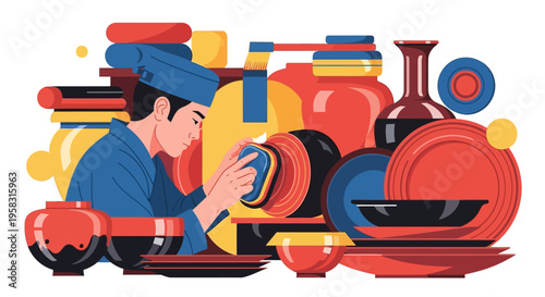 Chef meticulously cleaning dishes in a vibrant kitchen setting.