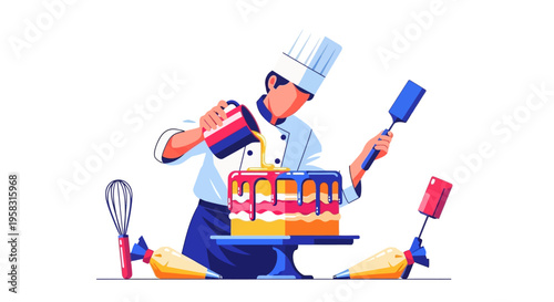 Chef meticulously decorating a colorful layered cake with glaze.