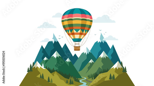 Colorful hot air balloon soaring above majestic mountain peaks.