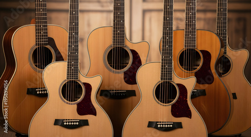 Multiple Acoustic Guitars Displayed Together in Classic Interior Setting, Group of Beautiful Wooden String Instruments Leaning Against Wall, Music Store or Studio Collection Photography
