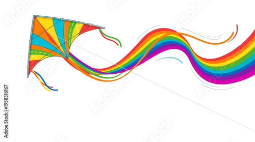 Colorful Kite Flying High with Rainbow Streamer.