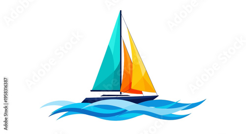 Colorful Sailboat Gliding on Blue Waves.