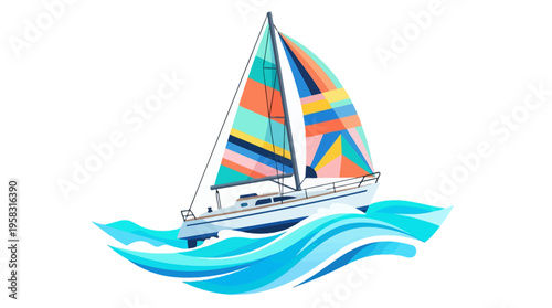 Colorful Sailboat Gliding on Blue Waves.