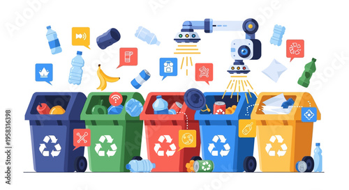 Colorful Recycling Bins and Waste Sorting Robot Arm.
