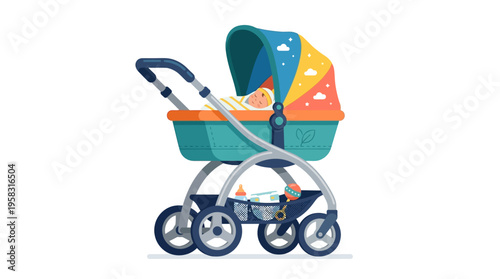 Colorful Baby Stroller with Cute Baby Inside.