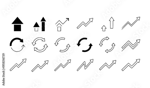 Minimal trend arrow pictogram icon set with solid and line style vector arrows for analytics design