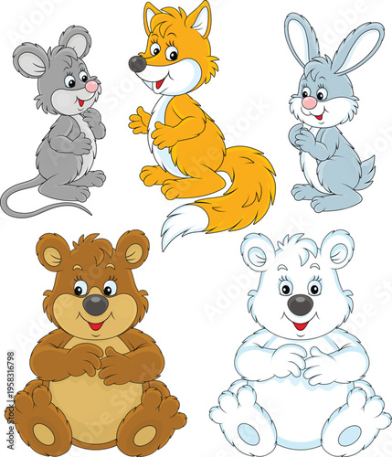 Vector cartoon set of a little mouse, a fox, a rabbit, a bear and a polar bear